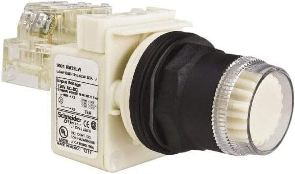 Schneider Electric - 1.22 Inch Mount Hole, Flush, Pushbutton Switch with Contact Block - Round, White Pushbutton, Illuminated, Momentary (MO), Anticorrosive, Dusttight, Oiltight, Watertight and Shock and Vibration Resistant - USA Tool & Supply