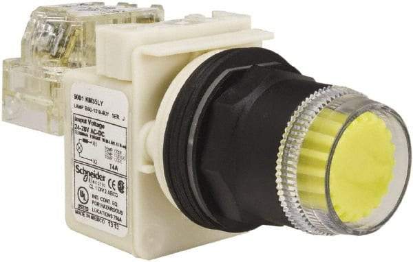 Schneider Electric - 30mm Mount Hole, Extended Straight, Pushbutton Switch with Contact Block - Yellow Pushbutton, Momentary (MO) - USA Tool & Supply