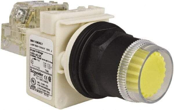 Schneider Electric - 30mm Mount Hole, Extended Straight, Pushbutton Switch with Contact Block - Yellow Pushbutton, Momentary (MO) - USA Tool & Supply