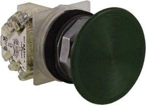 Schneider Electric - 30mm Mount Hole, Extended Straight, Pushbutton Switch with Contact Block - Green Pushbutton, Momentary (MO) - USA Tool & Supply