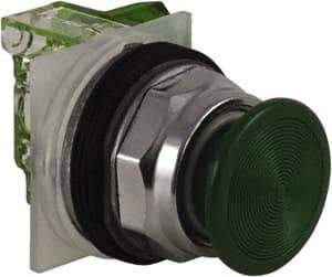 Schneider Electric - 30mm Mount Hole, Extended Straight, Pushbutton Switch with Contact Block - Green Pushbutton, Momentary (MO) - USA Tool & Supply