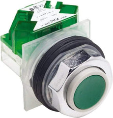 Schneider Electric - 30mm Mount Hole, Extended Straight, Pushbutton Switch with Contact Block - Green Pushbutton, Momentary (MO) - USA Tool & Supply