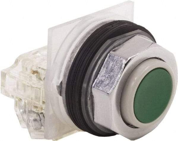 Schneider Electric - 30mm Mount Hole, Extended Straight, Pushbutton Switch with Contact Block - Green Pushbutton, Momentary (MO) - USA Tool & Supply