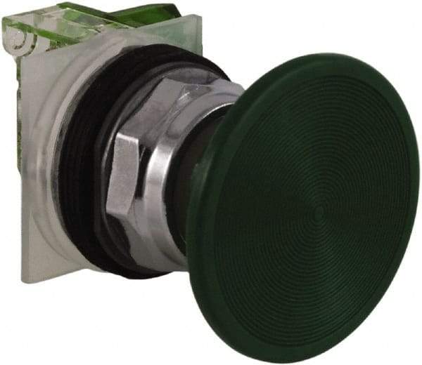 Schneider Electric - 30mm Mount Hole, Extended Straight, Pushbutton Switch with Contact Block - Green Pushbutton, Momentary (MO) - USA Tool & Supply