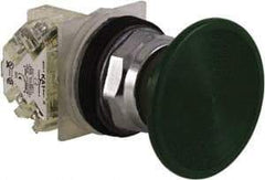 Schneider Electric - 30mm Mount Hole, Extended Straight, Pushbutton Switch with Contact Block - Green Pushbutton, Momentary (MO) - USA Tool & Supply