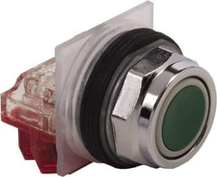 Schneider Electric - 30mm Mount Hole, Extended Straight, Pushbutton Switch with Contact Block - Green Pushbutton, Momentary (MO) - USA Tool & Supply