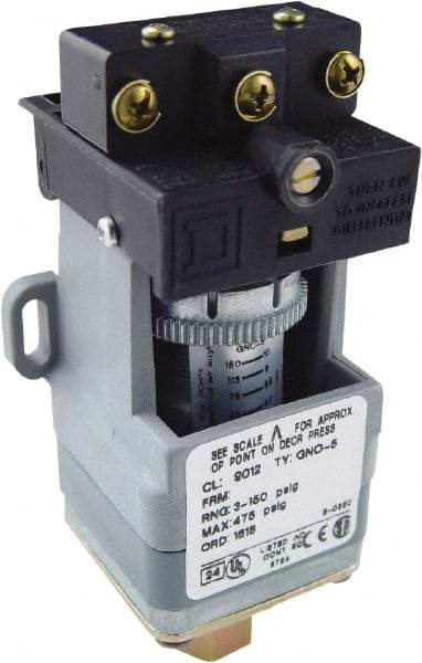 Square D - SPDT, 3 to 150 psi, Electromechanical Pressure and Level Switch - Adjustable Pressure, 120 VAC at 6 Amp, 125 VDC at 0.22 Amp, 240 VAC at 3 Amp, 250 VDC at 0.27 Amp, 1/4 Inch Connector, Screw Terminal, For Use with 9012G - USA Tool & Supply