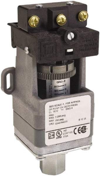 Square D - SPDT, 5 to 250 psi, Electromechanical Pressure and Level Switch - Adjustable Pressure, 120 VAC at 6 Amp, 125 VDC at 0.22 Amp, 240 VAC at 3 Amp, 250 VDC at 0.27 Amp, 1/4 Inch Connector, Screw Terminal, For Use with 9012G - USA Tool & Supply