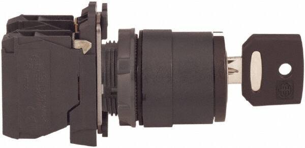 Schneider Electric - 22mm Mount Hole, 3 Position, Key Operated, Selector Switch with Contact Blocks - Maintained (MA), 2NO, Shock, Vibration and Water Resistant - USA Tool & Supply