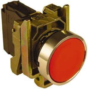 Schneider Electric - 22mm Mount Hole, Extended Straight, Pushbutton Switch with Contact Block - Round, Red Pushbutton, Momentary (MO) - USA Tool & Supply