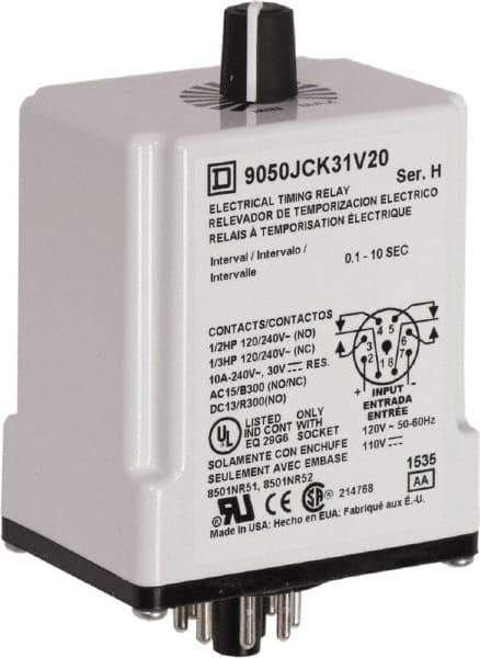 Square D - DPDT Time Delay Relay - 10 Contact Amp, 110 VDC & 120 VAC - USA Tool & Supply