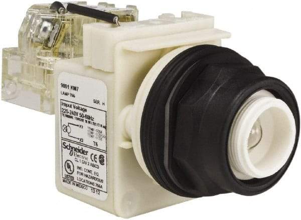 Schneider Electric - 220-240 V Incandescent Press-to-Test Indicating Light - Round Lens, Screw Clamp Connector, 54mm OAL x 42mm Wide, Vibration Resistant - USA Tool & Supply