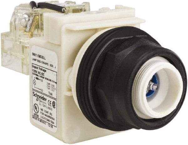 Schneider Electric - 120 V Blue Lens LED Pilot Light - Round Lens, Screw Clamp Connector, 54mm OAL x 42mm Wide, Vibration Resistant - USA Tool & Supply