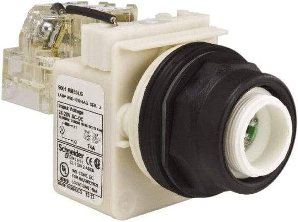 Schneider Electric - 28 V Green Lens LED Pilot Light - Round Lens, Screw Clamp Connector, 54mm OAL x 42mm Wide, Vibration Resistant - USA Tool & Supply