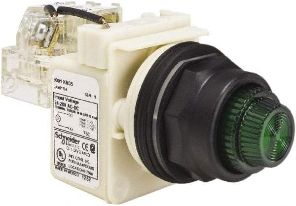 Schneider Electric - 24 V, 28 V Green Lens Press-to-Test Indicating Light - Round Lens, Screw Clamp Connector, Corrosion Resistant, Dust Resistant, Oil Resistant - USA Tool & Supply