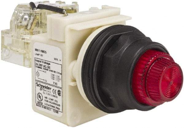 Schneider Electric - 24 V, 28 V Red Lens Press-to-Test Indicating Light - Round Lens, Screw Clamp Connector, Corrosion Resistant, Dust Resistant, Oil Resistant - USA Tool & Supply
