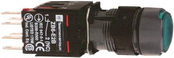 Schneider Electric - 16mm Mount Hole, Flush, Pushbutton Switch with Contact Block - Round, Green Pushbutton, Illuminated, Momentary (MO) - USA Tool & Supply