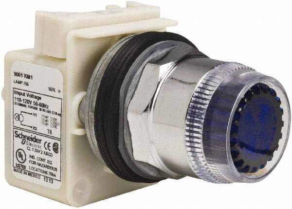 Schneider Electric - 1.18 Inch Mount Hole, Extended Straight, Pushbutton Switch Only - Round, Blue Pushbutton, Illuminated, Momentary (MO), Weatherproof, Dust and Oil Resistant - USA Tool & Supply