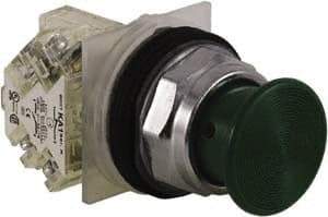 Schneider Electric - 30mm Mount Hole, Extended Straight, Pushbutton Switch with Contact Block - Green Pushbutton, Momentary (MO) - USA Tool & Supply