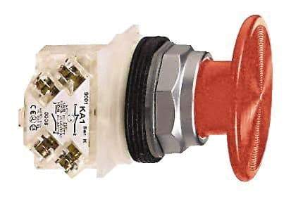 Schneider Electric - 30mm Mount Hole, Extended Mushroom Head, Pushbutton Switch with Contact Block - Round, Red Pushbutton, Momentary (MO) - USA Tool & Supply