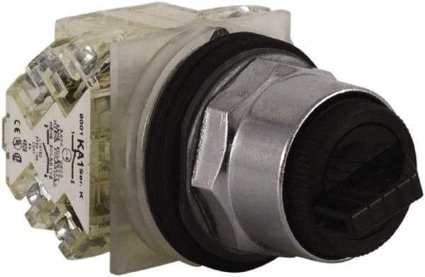 Schneider Electric - 1.18 Inch Mount Hole, 3 Position, Knob and Pushbutton Operated, Selector Switch - Black, Maintained (MA), 2NO/2NC, Weatherproof and Dust and Oil Resistant - USA Tool & Supply