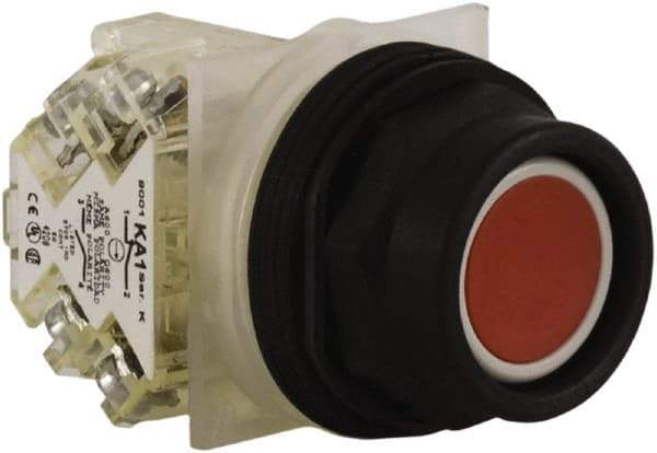 Schneider Electric - 30mm Mount Hole, Extended Straight, Pushbutton Switch with Contact Block - Red Pushbutton, Momentary (MO) - USA Tool & Supply