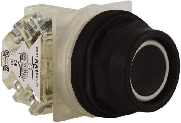 Schneider Electric - 30mm Mount Hole, Extended Straight, Pushbutton Switch with Contact Block - Black Pushbutton, Momentary (MO) - USA Tool & Supply