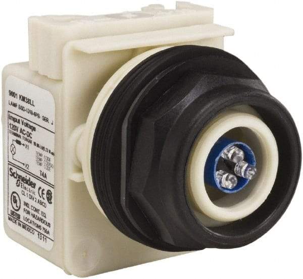 Schneider Electric - 120 V Blue Lens LED Pilot Light - Round Lens, Screw Clamp Connector, 54mm OAL x 42mm Wide, Vibration Resistant - USA Tool & Supply