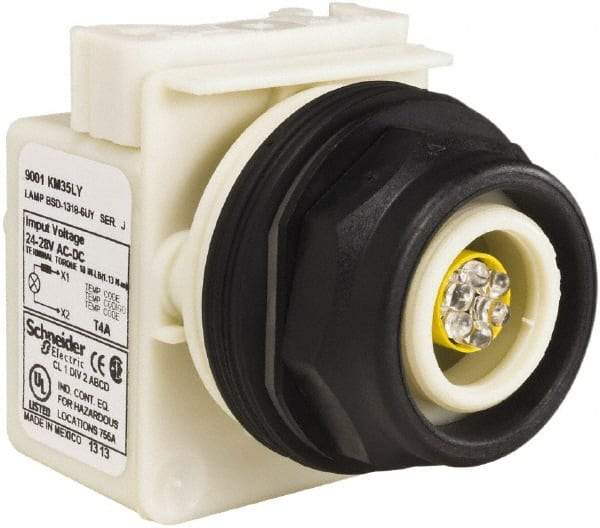 Schneider Electric - 28 V Yellow Lens LED Pilot Light - Round Lens, Screw Clamp Connector, 54mm OAL x 42mm Wide, Vibration Resistant - USA Tool & Supply