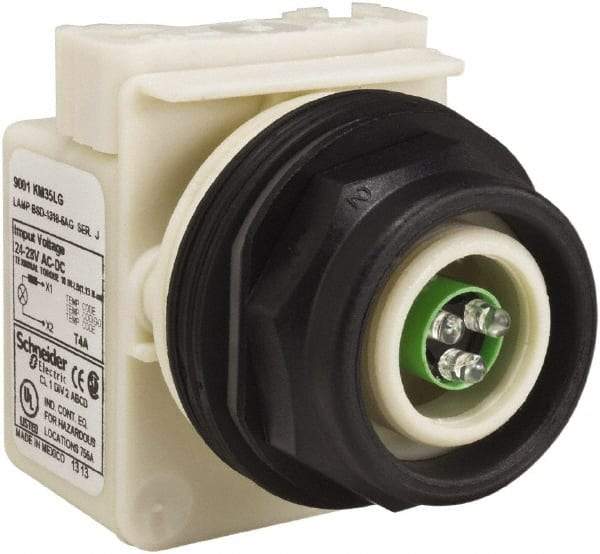 Schneider Electric - 28 V Green Lens LED Pilot Light - Round Lens, Screw Clamp Connector, 54mm OAL x 42mm Wide, Vibration Resistant - USA Tool & Supply