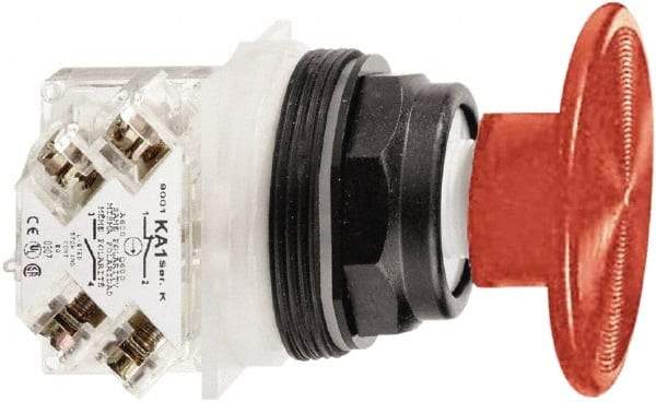 Schneider Electric - 30mm Mount Hole, Extended Mushroom Head, Pushbutton Switch with Contact Block - Round, Red Pushbutton, Momentary (MO) - USA Tool & Supply