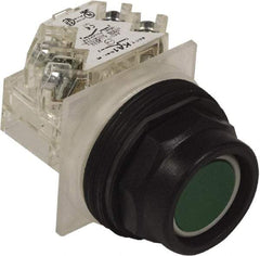 Schneider Electric - 30mm Mount Hole, Extended Straight, Pushbutton Switch with Contact Block - Green Pushbutton, Momentary (MO) - USA Tool & Supply
