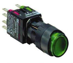 Schneider Electric - 16mm Mount Hole, Extended Straight, Pushbutton Switch with Contact Block - Round, Green Pushbutton, Illuminated, Momentary (MO) - USA Tool & Supply