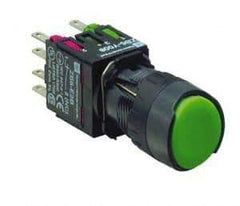 Schneider Electric - 16mm Mount Hole, Flush, Pushbutton Switch with Contact Block - Round, Green Pushbutton, Momentary (MO) - USA Tool & Supply