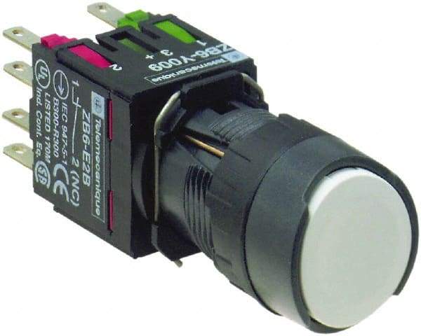 Schneider Electric - 16mm Mount Hole, Flush, Pushbutton Switch with Contact Block - Round, White Pushbutton, Nonilluminated, Momentary (MO), Anticorrosive, Dusttight, Watertight and Shock and Vibration Resistant - USA Tool & Supply
