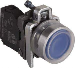 Schneider Electric - 22mm Mount Hole, Extended Straight, Pushbutton Switch with Contact Block - Round, Blue Pushbutton, Momentary (MO) - USA Tool & Supply
