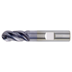 1/2″ Dia. × 1/2″ Shank × 1″ DOC × 3″ OAL, Carbide TiAlN, Unequal Flute Spacing , 4 Flute, CW|38° Helix, Weldon, Ballnose End Mill - Exact Industrial Supply