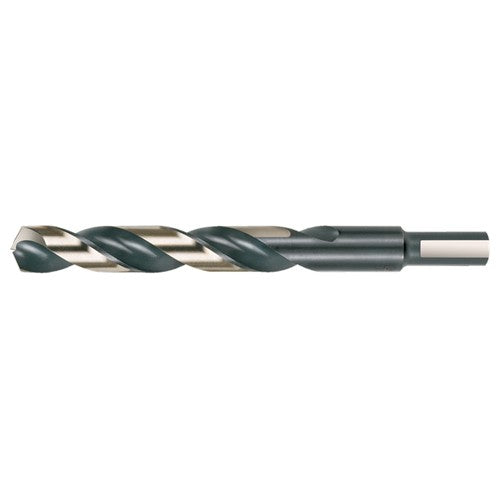 7/16 RHS / RHC HSS 135 Degree Split Point 3/8″ Reduced Shank Heavy Duty Jobber Length Drill - Black & Gold - Exact Industrial Supply