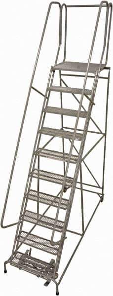Cotterman - 130" 10 Step Rolling Warehouse Ladder - Rolling Safety Ladder, 450 Lb Capacity, 100" Platform Height, 32" Base Width x 84" Base Depth, Perforated Tread - USA Tool & Supply