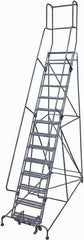 Cotterman - 182" 14 Step Rolling Warehouse Ladder - Rolling Safety Ladder, 450 Lb Capacity, 140" Platform Height, 42" Base Width x 101" Base Depth, Expanded Metal Tread - USA Tool & Supply