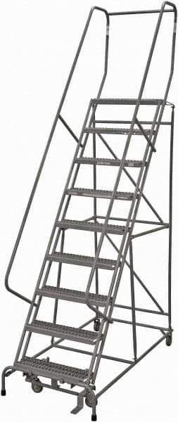 Cotterman - 120" 9 Step Rolling Warehouse Ladder - Rolling Safety Ladder, 450 Lb Capacity, 90" Platform Height, 32" Base Width x 77" Base Depth, Serrated Steel - USA Tool & Supply