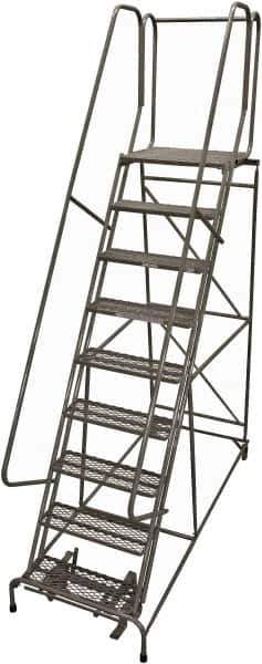 Cotterman - 120" 9 Step Rolling Warehouse Ladder - Rolling Safety Ladder, 450 Lb Capacity, 90" Platform Height, 24" Base Width x 61" Base Depth, Expanded Metal Tread - USA Tool & Supply