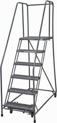 Cotterman - 90" 6 Step Rolling Warehouse Ladder - Rolling Safety Ladder, 450 Lb Capacity, 60" Platform Height, 30" Base Width x 56" Base Depth, Serrated Steel - USA Tool & Supply