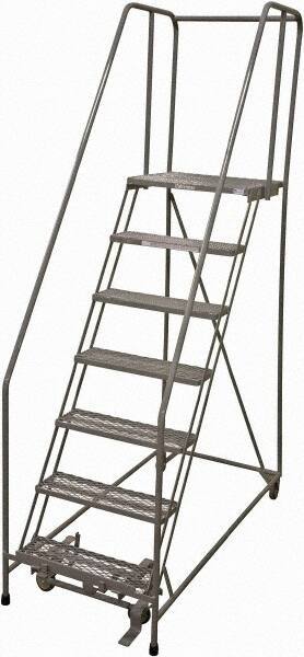 Cotterman - 100" 7 Step Rolling Warehouse Ladder - Rolling Safety Ladder, 450 Lb Capacity, 70" Platform Height, 30" Base Width x 63" Base Depth, Expanded Metal Tread - USA Tool & Supply