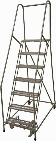 Cotterman - 100" 7 Step Rolling Warehouse Ladder - Rolling Safety Ladder, 450 Lb Capacity, 70" Platform Height, 30" Base Width x 53" Base Depth, Expanded Metal Tread - USA Tool & Supply