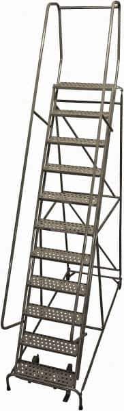 Cotterman - 140" 11 Step Rolling Warehouse Ladder - Rolling Safety Ladder, 450 Lb Capacity, 110" Platform Height, 32" Base Width x 88" Base Depth, Perforated Tread - USA Tool & Supply