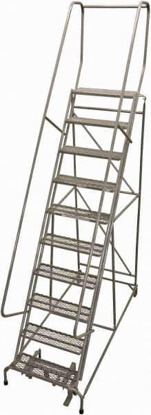 Cotterman - 130" 10 Step Rolling Warehouse Ladder - Rolling Safety Ladder, 450 Lb Capacity, 100" Platform Height, 32" Base Width x 72" Base Depth, Perforated Tread - USA Tool & Supply