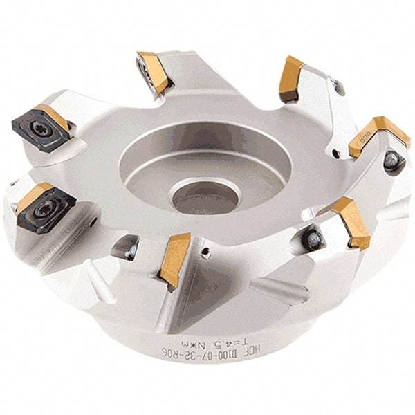 Iscar - 109.4, 110.7, 112.1mm Cut Diam, 32mm Arbor Hole, 5.5mm Max Depth of Cut, 42° Indexable Chamfer & Angle Face Mill - 7 Inserts, OE.. 060405\xB6OEMW 060405-AETN\xB6REMT 1505-LM-76 Insert, Right Hand Cut, 7 Flutes, Through Coolant, Series Heliocto - USA Tool & Supply