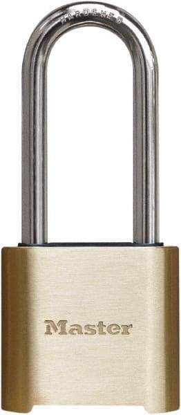 Master Lock - 2" Body Width x 3" Body Height, 2" Shackle Clearance, Brass Finish Combination Lock - 5/16" Shackle Diam, 1" Shackle Width, Set Your Own 4 Digit Combination - USA Tool & Supply