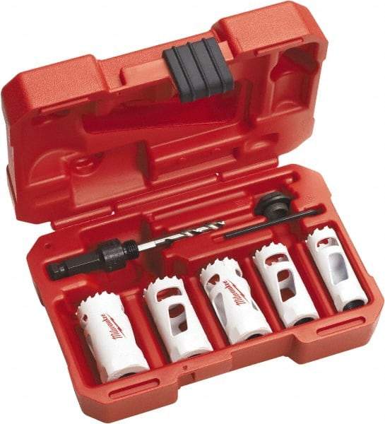 Milwaukee Tool - 7 Piece, 3/4" to 1-1/4" Saw Diam, Automotive Hole Saw Kit - Bi-Metal, Toothed Edge, Includes 5 Hole Saws - USA Tool & Supply